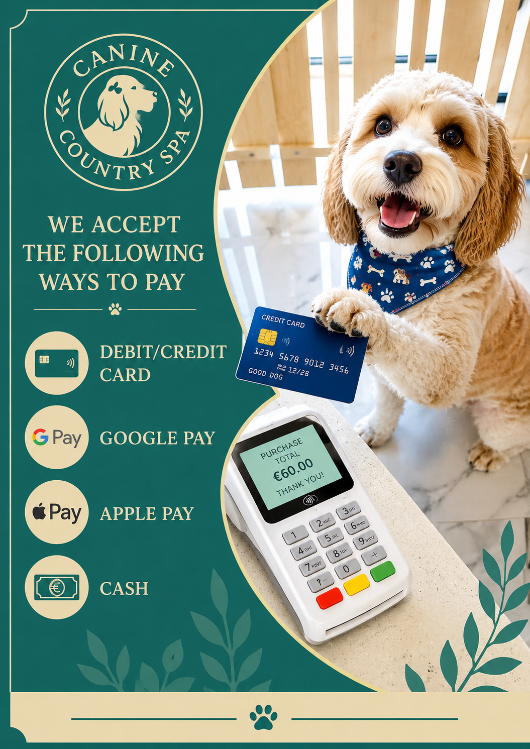 We accept debit/credit card, Google Pay, Apple Pay and cash